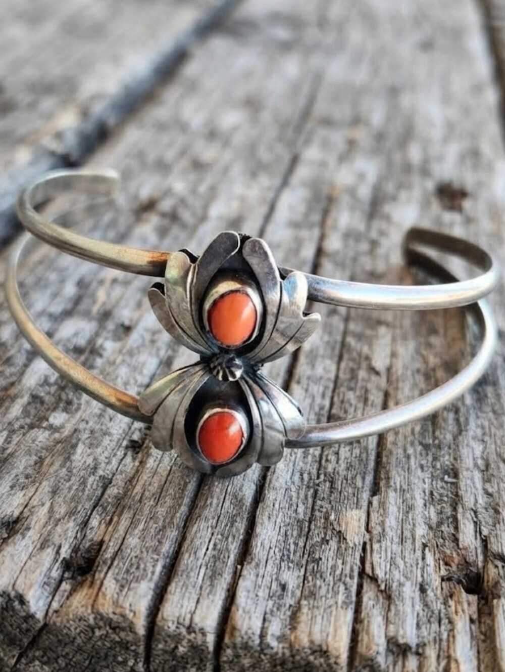Sterling Silver Vintage red Coral Cuff Bracelet